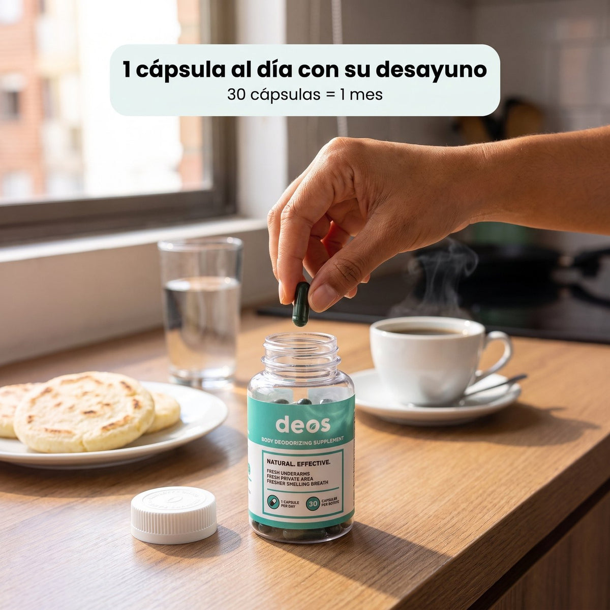 Tomando una cápsula de DEOS con el desayuno: 1 al día, 30 cápsulas por frasco
