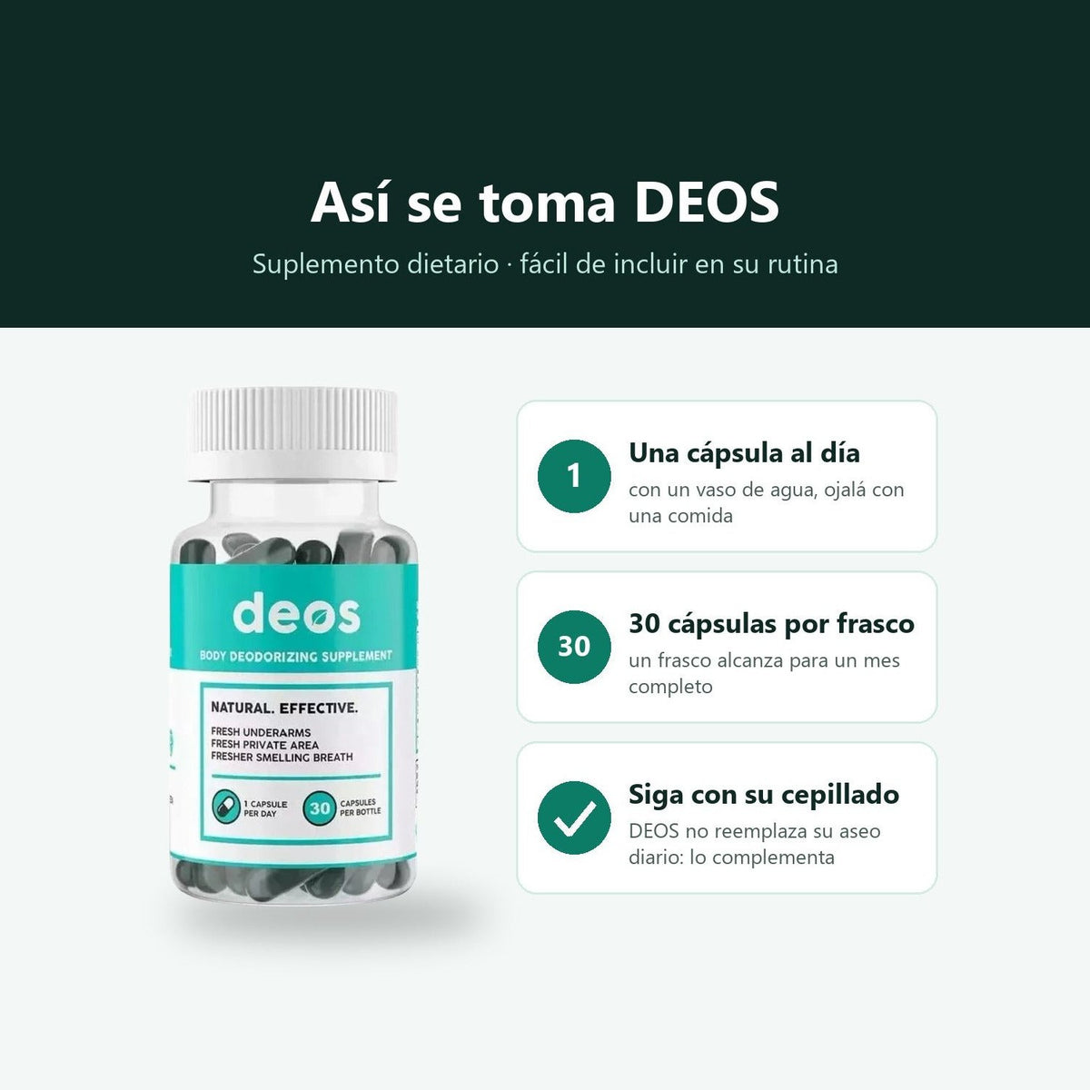 Cómo se toma DEOS: una cápsula al día, 30 cápsulas por frasco