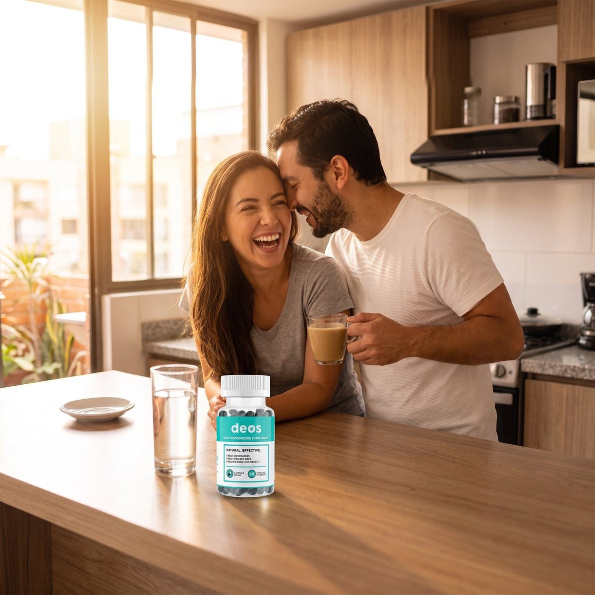 Pareja riendo en la cocina con el frasco de DEOS en la mesa: una cápsula al día