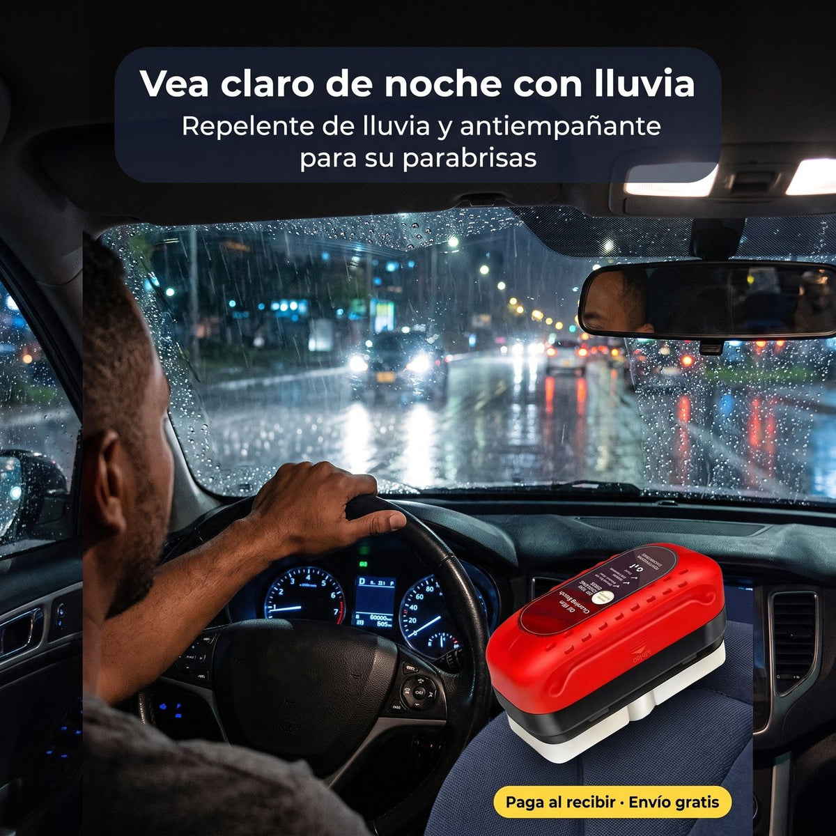 Conduciendo de noche con lluvia: parabrisas tratado con gotas que ruedan y el aplicador rojo en el asiento