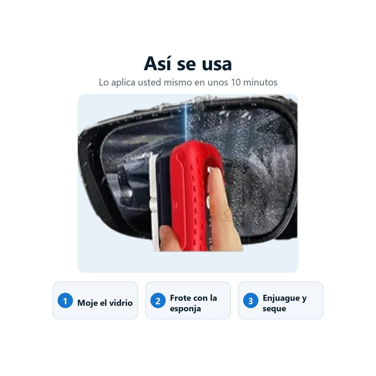 Así se usa: moje el vidrio, frote con la esponja, enjuague y seque