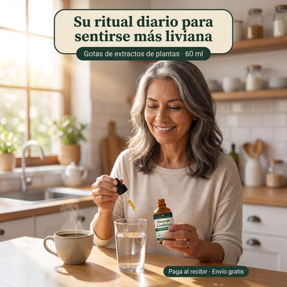 Señora poniendo gotas de drenaje linfático en un vaso de agua en su cocina por la mañana