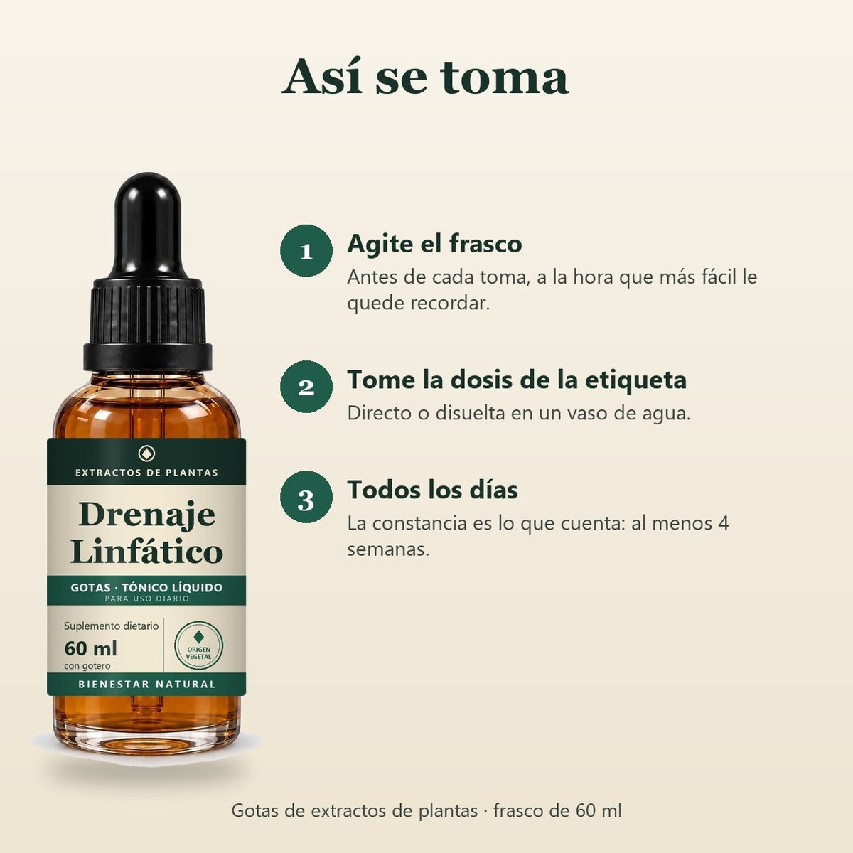 Así se toma: agite el frasco, tome la dosis de la etiqueta directo o en agua, todos los días