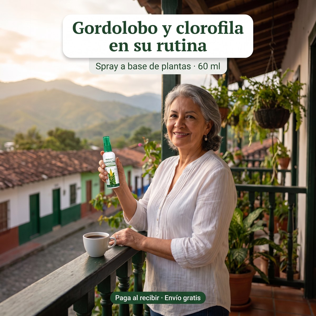 Señora en su balcón por la mañana con el spray Halora de gordolobo y clorofila