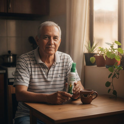 Señor en la cocina con su tinto de la mañana y el spray Halora