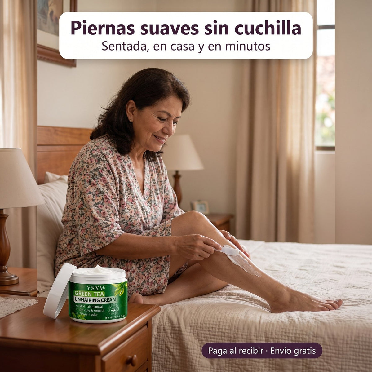 Señora sentada en la cama aplicando la crema depilatoria de té verde en la pierna con la espátula