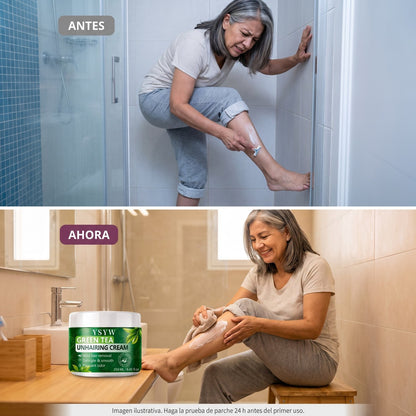 Antes, con cuchilla de pie en la ducha; ahora, sentada retirando la crema con un paño (imagen ilustrativa)