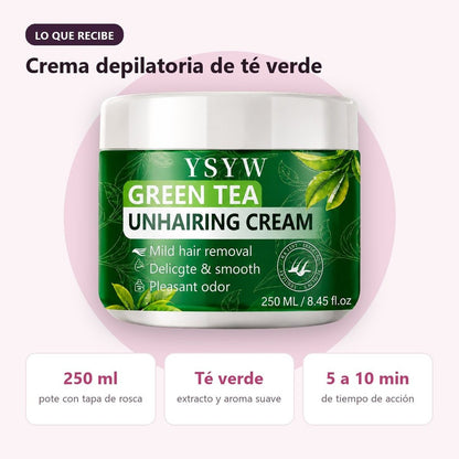 Pote de crema depilatoria de té verde de 250 ml: tapa de rosca, extracto de té verde, actúa de 5 a 10 minutos