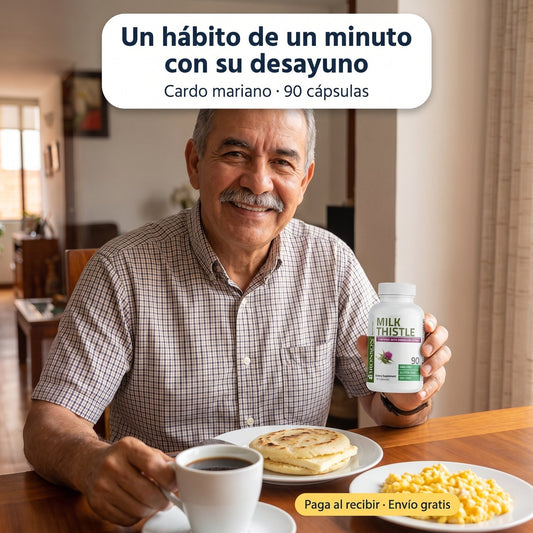 Señor desayunando con su tinto y el frasco de Cardo Mariano Bronson en la mano