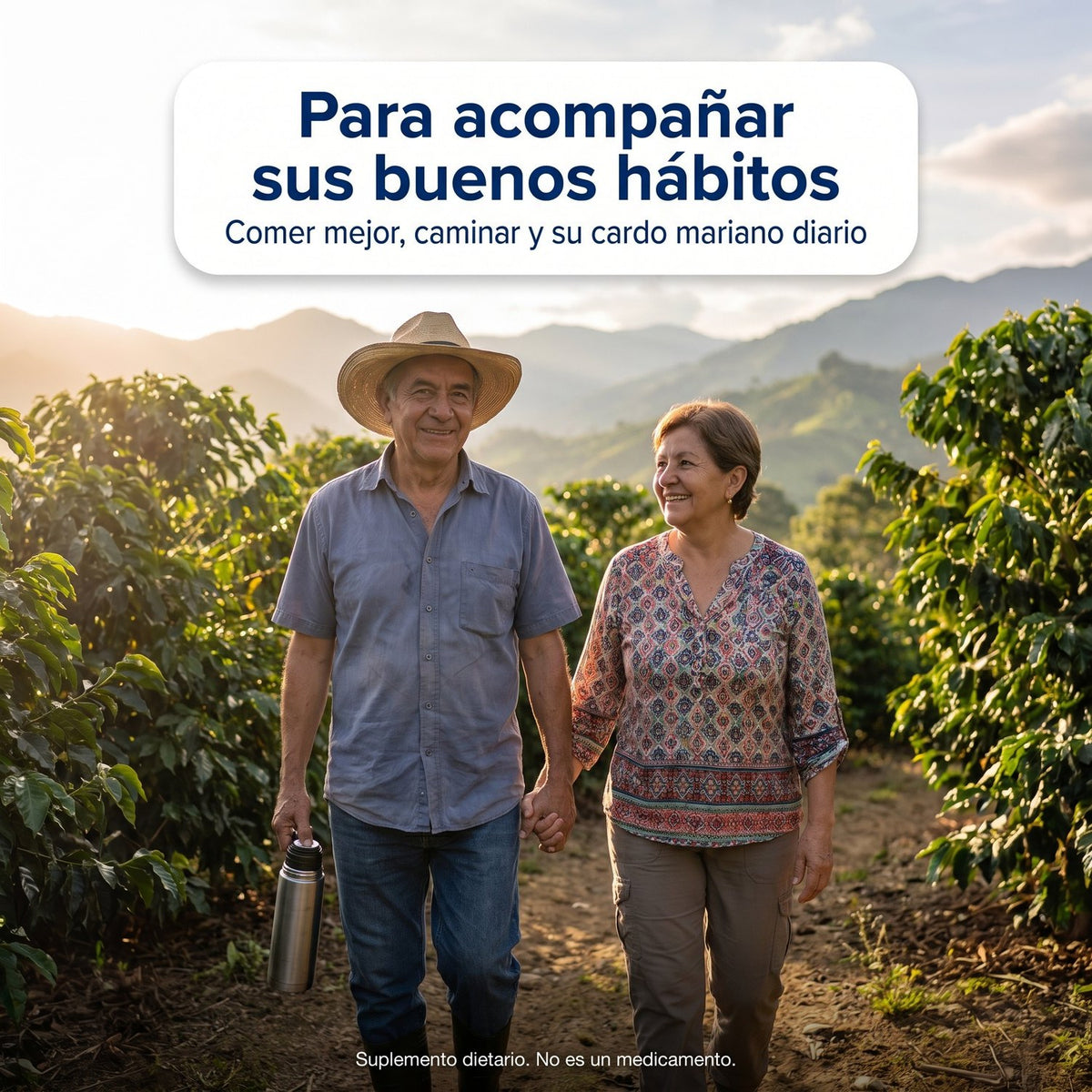 Pareja de señores caminando por un camino cafetero al amanecer