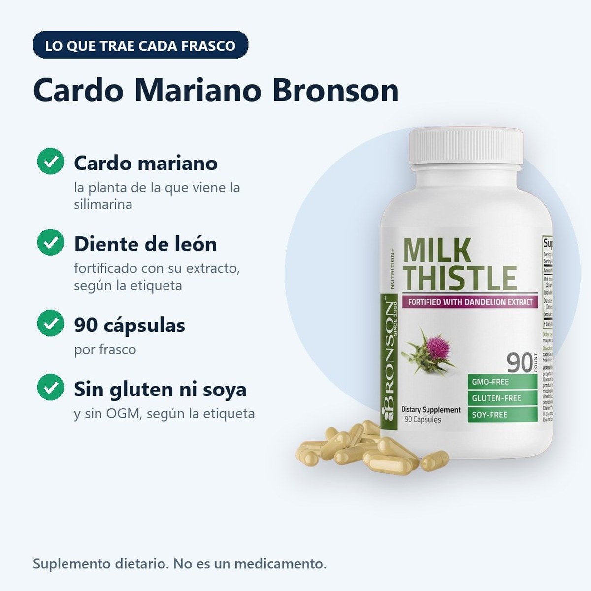 Qué trae cada frasco de Cardo Mariano Bronson: cardo mariano, extracto de diente de león y 90 cápsulas